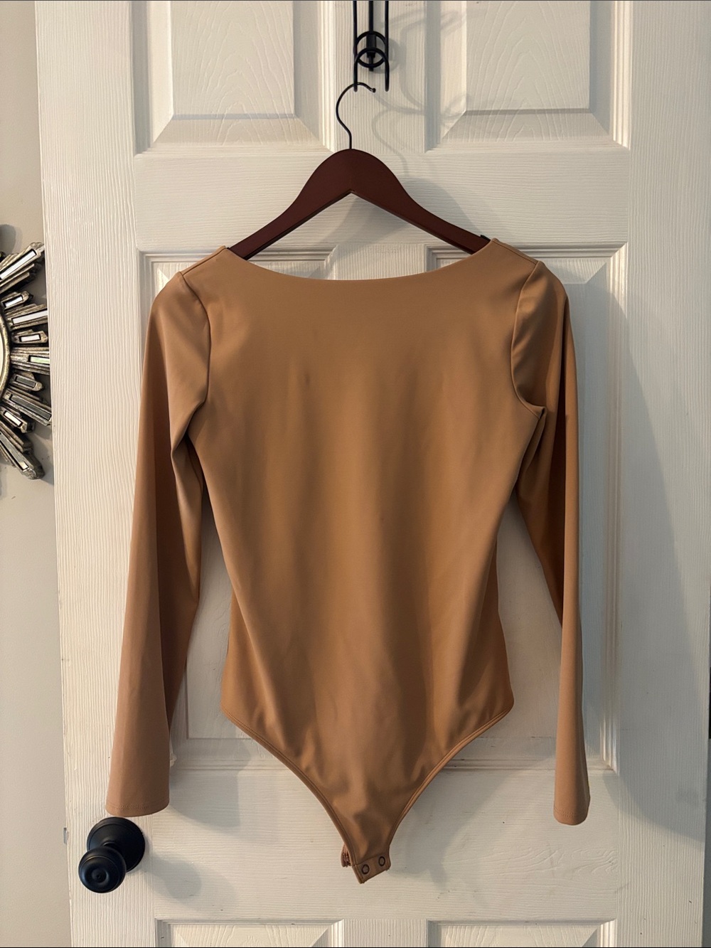 Express Women's Long-Sleeve Tan Bodysuit with Boat Neckline